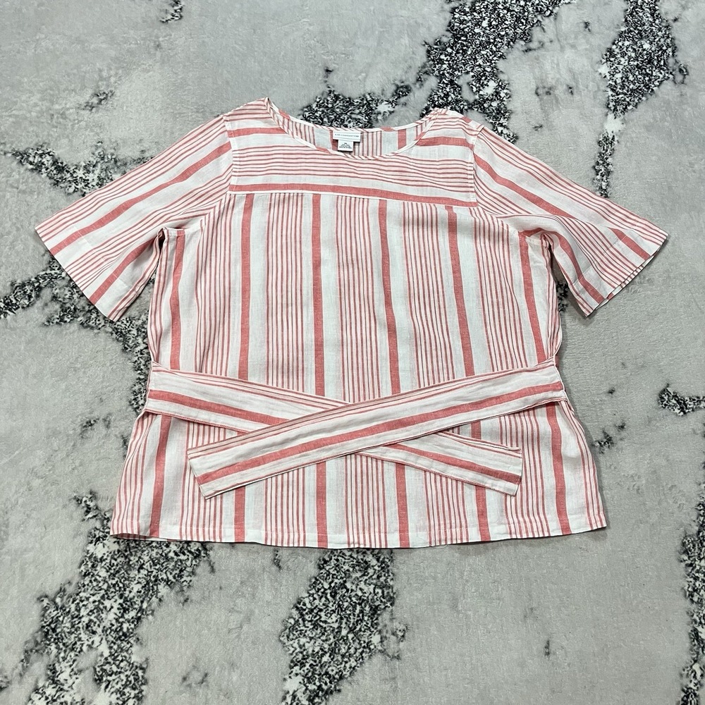 Liz Claiborne Linen Cotton Striped Blouse XL Pink White Short Sleeve Tie